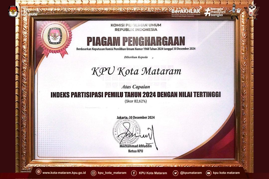 Penghargaan KPU Kota Mataram IPP terbaik Kelima Nasional untuk Pemilu 2024